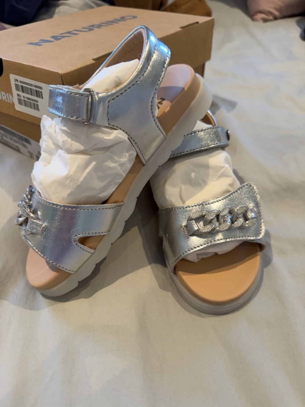 Naturino Silver Metallic Girls' Sandals with Chain Accent